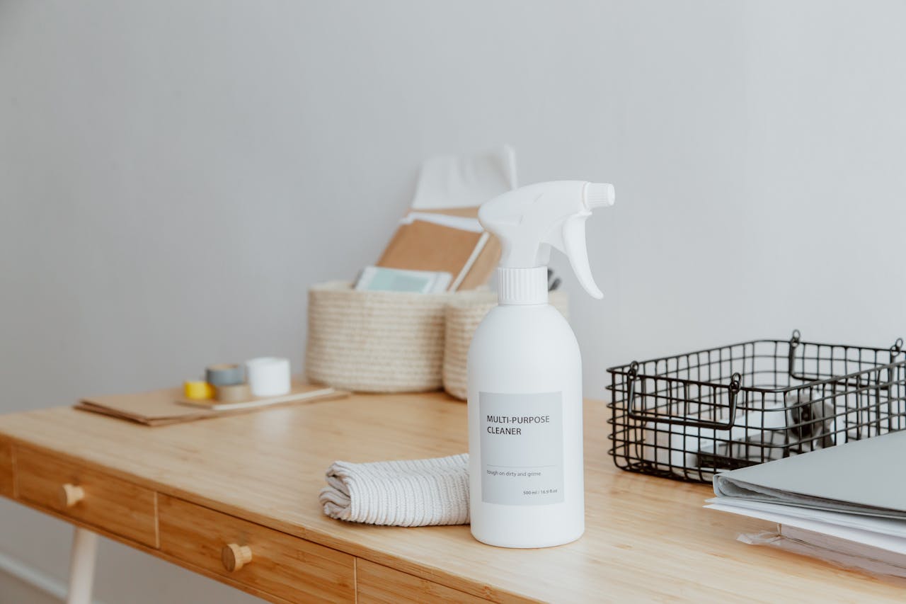 about-01 Minimalist desk with a focus on a multipurpose cleaner, office supplies, and storage solutions.